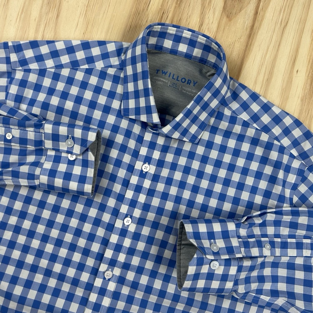 Twillory Men's Gingham Shirt 16.5 32-33 Blue White Traditional Fit Performance